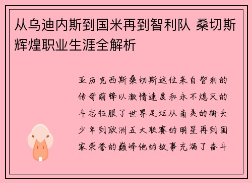 从乌迪内斯到国米再到智利队 桑切斯辉煌职业生涯全解析