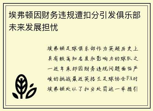 埃弗顿因财务违规遭扣分引发俱乐部未来发展担忧